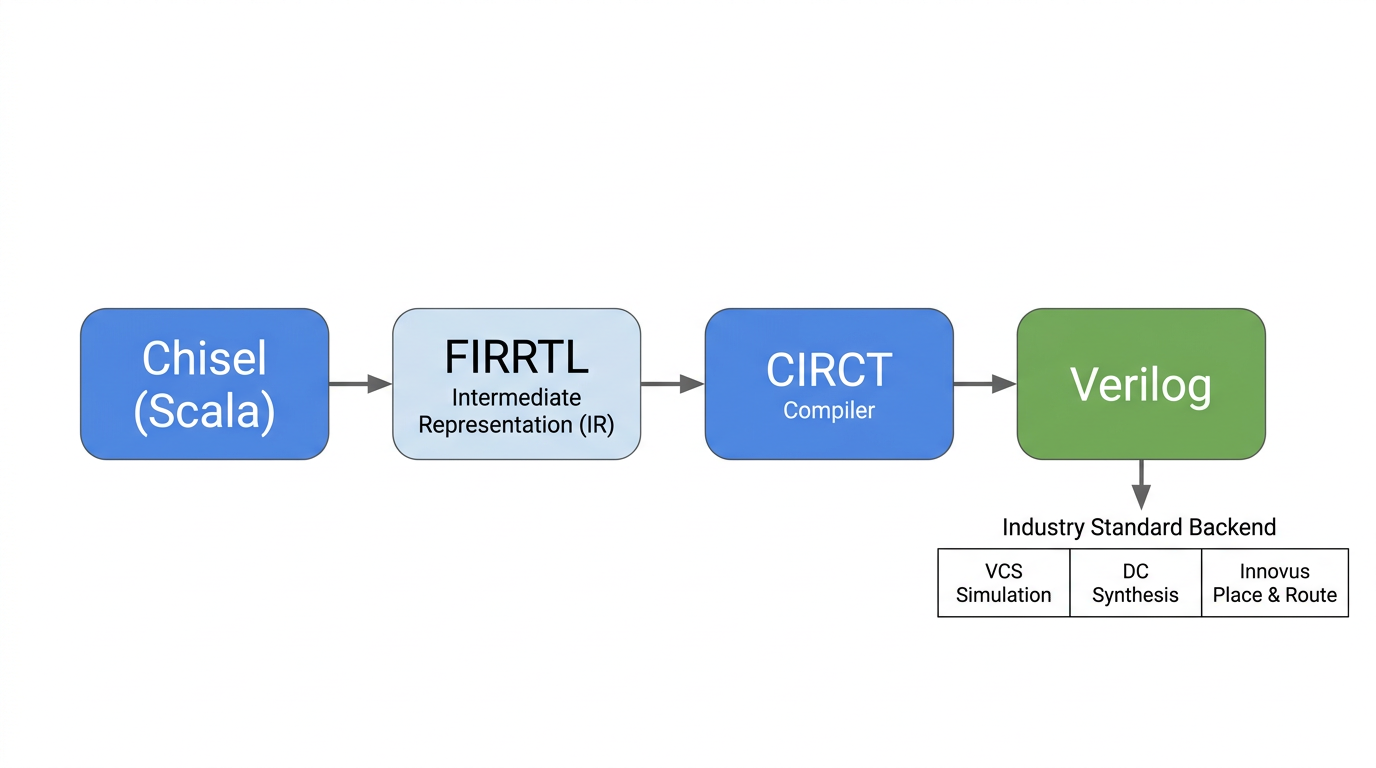 Chisel to FIRRTL to Verilog compilation flow diagram